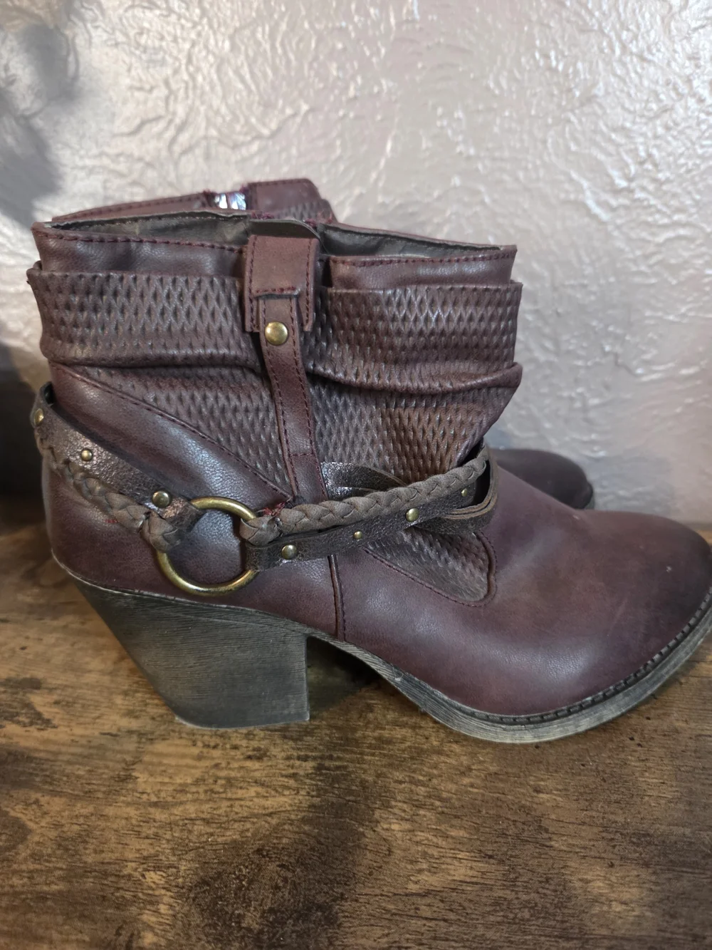 Maurices Burgundy Braided Strap Ankle Boots